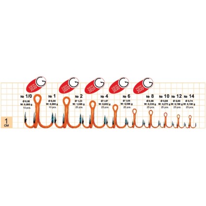 Крючки GURZA Round Treble Hook ST36 UV Orange #2 3pcs фото 2